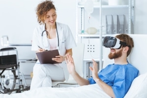 Young trauma patient wearing virtual reality goggles